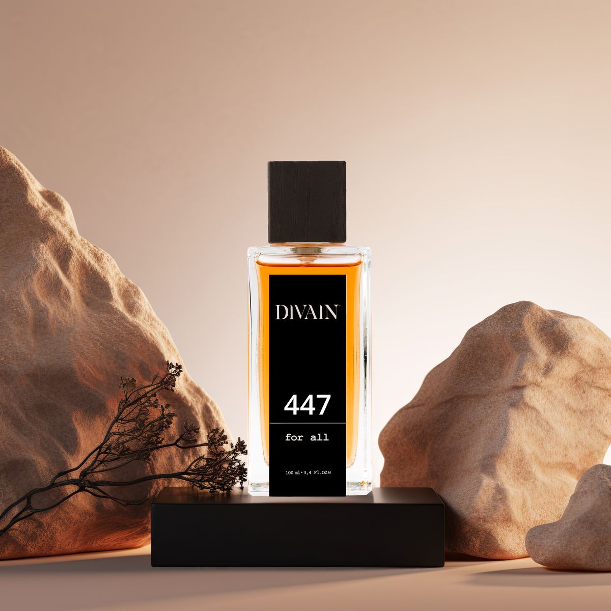 Perfume divain-447 rodeado de pedras que simulam o deserto